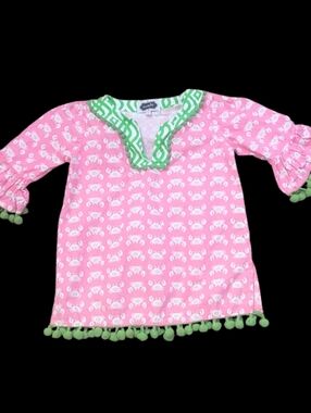 MudPie Girl's Pink Crab Print Tunic with Green Pom Trim